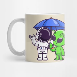 Cute Astronaut And Alien Standing Under Umbrella Cartoon Mug